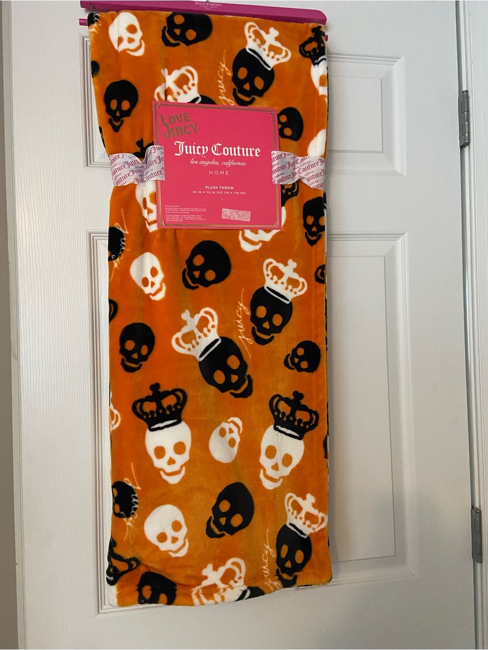 Juicy Couture Orange Skull Print Plush Throw